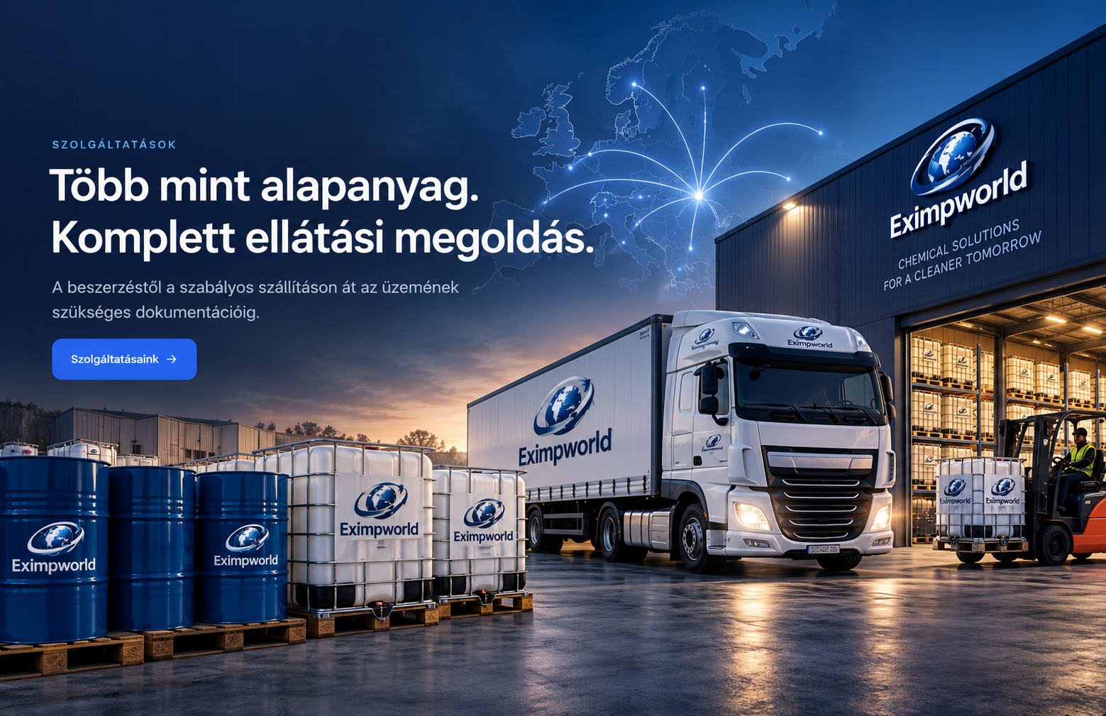 Eximpworld vegyipari logisztikai központ, kamion és ipari kiszerelések